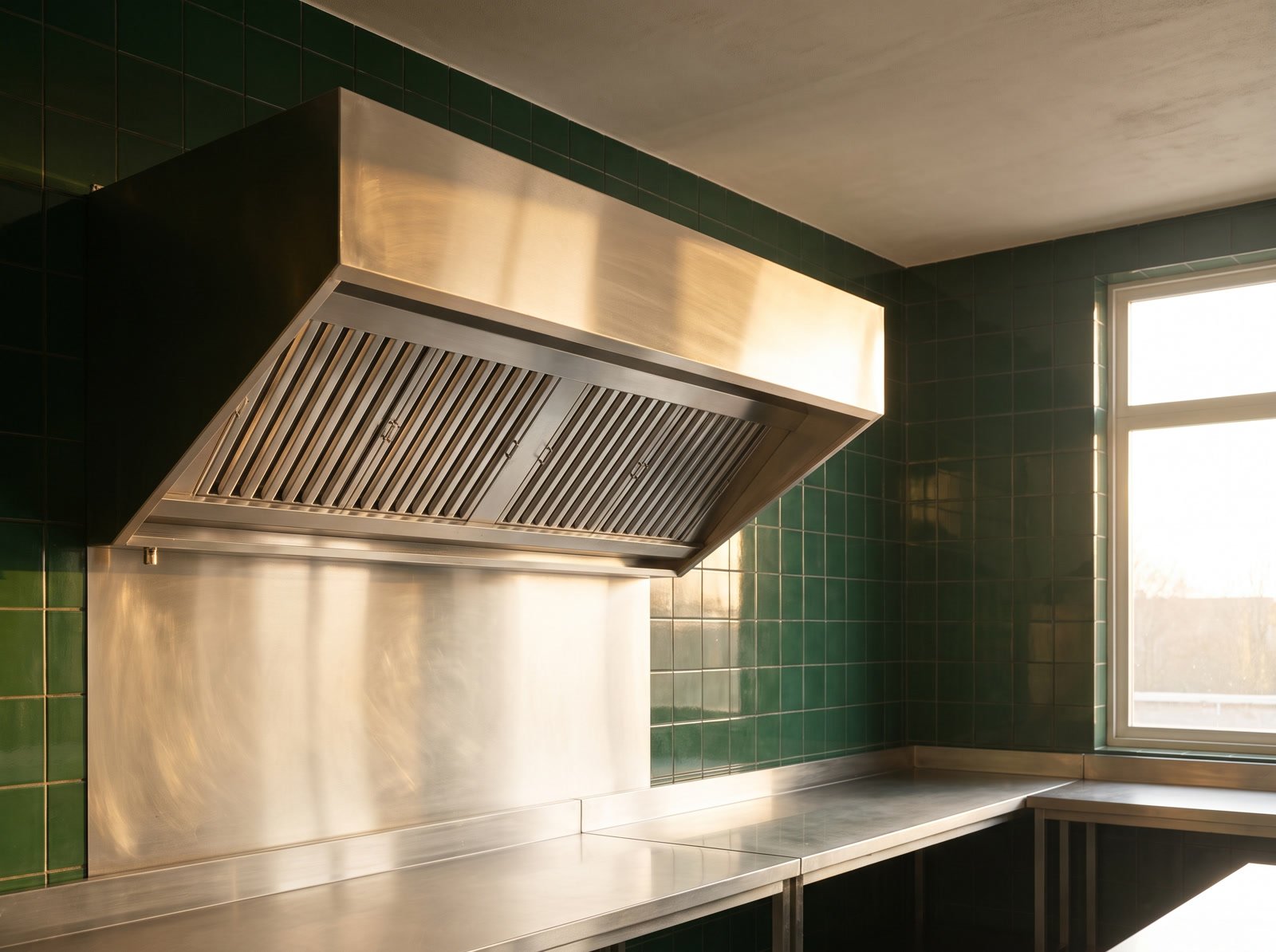 A gleaming stainless steel commercial kitchen hood, freshly cleaned