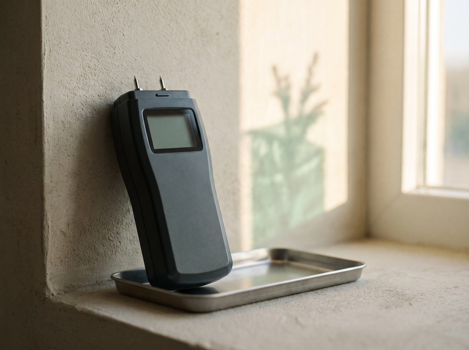 A moisture meter held against a plaster wall in soft light